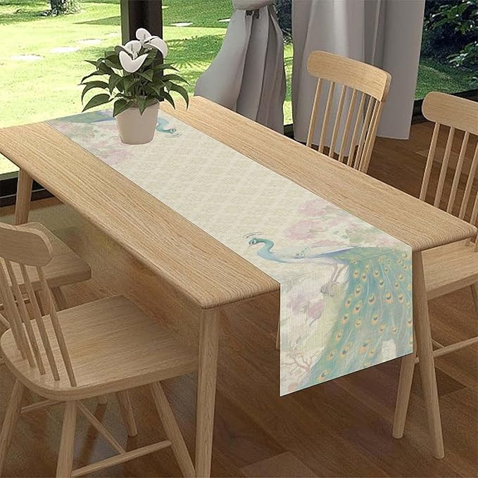 Peacock Table Runner,Rustic Traditional Chinese Style Watercolor Peacock Pink Flora Elegant Table Center Decor for Family Kitchen Table Decorations Indoor Outdoor, 13"x36"