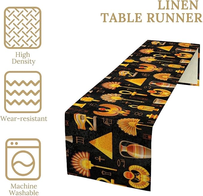 Egyptian Table Runner, Retro Egypt Mural Old Hieroglyphic Elements Ancient Mythology Hieroglyph Symbol Printed Kitchen Dining Table Runner for Kitchen Living Room Home Party 13x60in