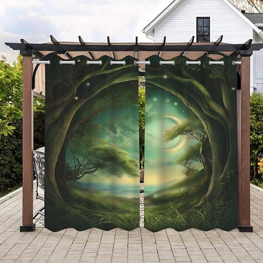 Forest Theme Waterproof Indoor/Outdoor Curtains,Trees Moon Lake Pattern,Light Filtering Curtains Outside Curtains for Porch, Gazebo, Pergola, Backyard,2 Panel,42 x 63 inch,Green