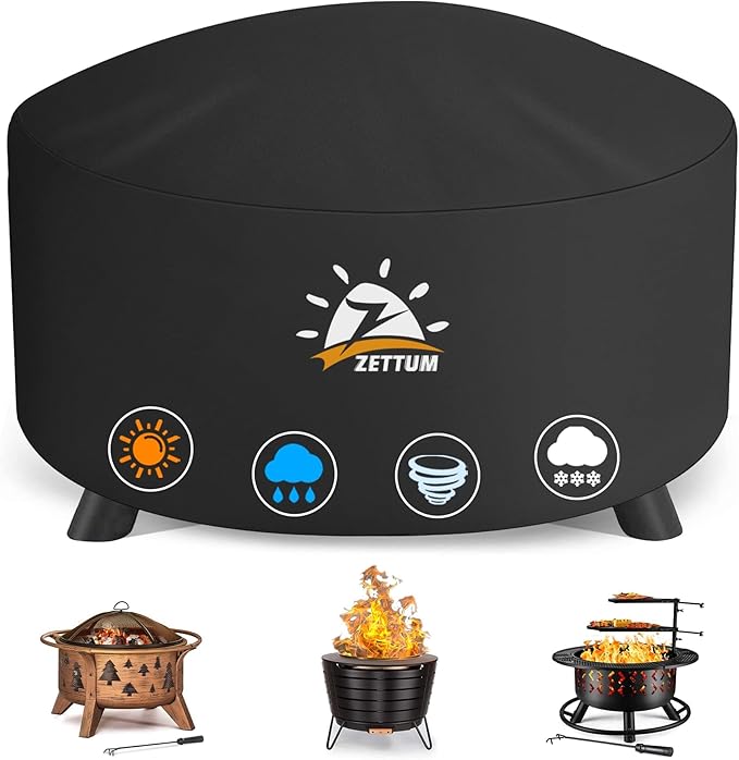 Zettum Fire Pit Cover Round 60 Inch - Outdoor Firepit Cover Heavy Duty & Waterproof, 600D Patio Fire Table Cover Large Gas Fire Pit Accessories Fade & Weather Resistant - 60 x 60 x 24 Inch
