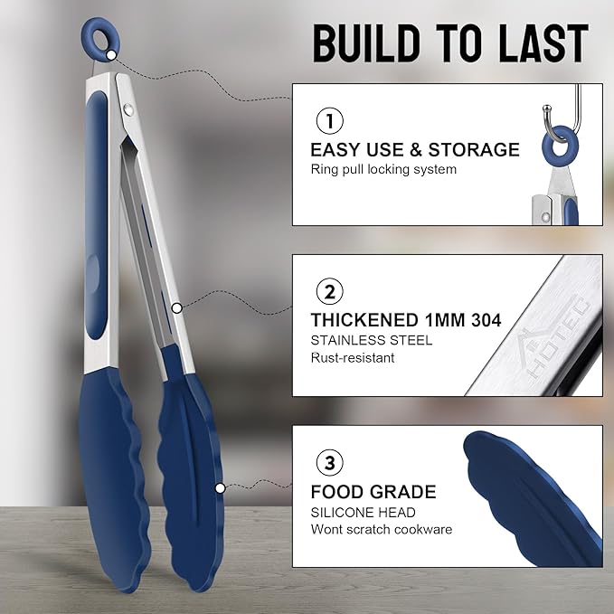 HOTEC Premium Stainless Steel Locking Kitchen Tongs with Silicon Tips, Set of 2-9" and 12", Classic Blue