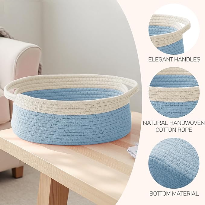 Woven Basket,Small Rope Storage Bin with Handles & Ribbon Bag, Organizer for Shelves Closets,Gift Basket Empty for Birthday,Books,Dog Toys, White&Blue/2 Pack