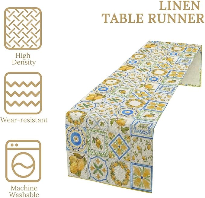 Yellow Lemon Summer Table Runner, Watercolor Spring Yellow and Blue Flower Hawaiian Style Table Runner for Holiday Party Home Kitchen Dining Table, 13x90inch