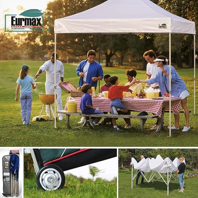 Eurmax USA 8'x8' Pop-up Canopy Tent Commercial Instant Canopies with 4 Removable Zipper End Side Walls and Roller Bag, Bonus 4 SandBags(Black)
