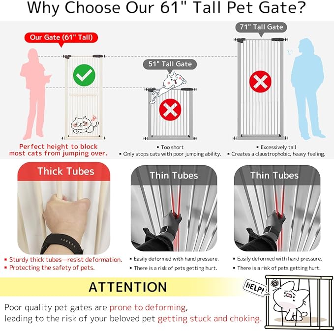 Lumizone Extra Tall Cat Gate 61.02" High Pressure Mounted Extra Wide 34.06"-38.38" (17Sizes) 1.37" Gap No Drilling Auto-Close Tall Pet Gate for Dogs (Cream, 34.06"-38.38" W)