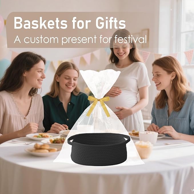 Woven Basket,Small Rope Storage Bin with Handles & Ribbon Bag, Organizer for Shelves Closets,Gift Basket Empty for Birthday,Books,Dog Toys, Black