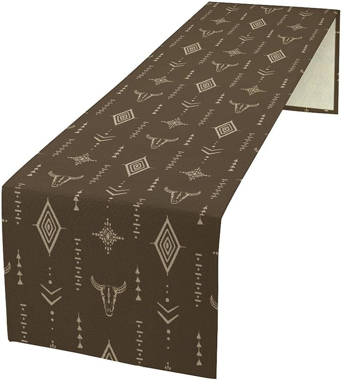 Western Cow Skull Table Runner,Vintage Boho Aztec Cow Ethnic Pattern Printed Table Runner for Home Kitchen Dining Farmhouse Coffee 13x70in