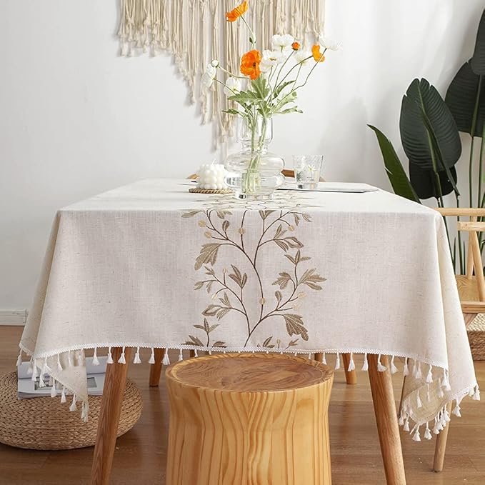 Pahajim Rustic Linen Tablecloth Cotton Waterproof Table Cloth for Kitchen Dining with Tassel Rectangle Tablecloths Rectangle/Oblong, 55''x 87'', 6-8 Seats