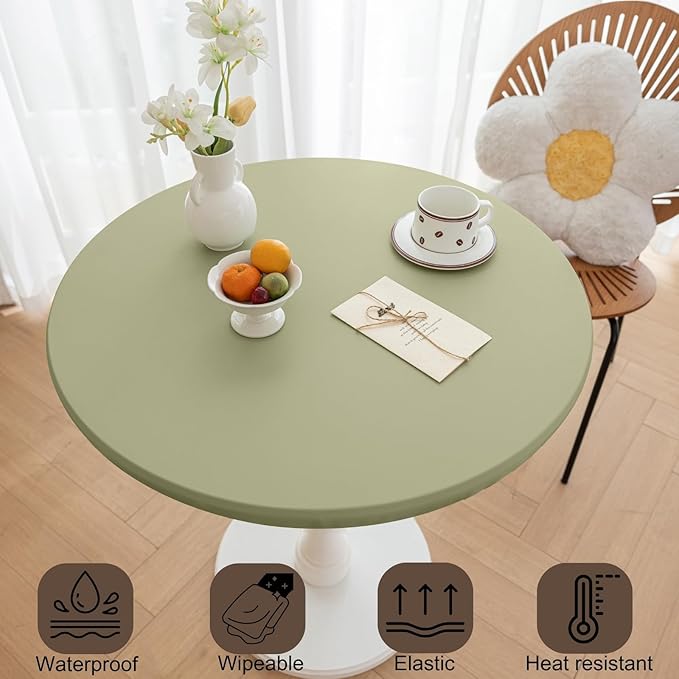 Round Fitted PU Tablecloth with High Elastic Edge 55 Inch Dia Waterproof Oil Proof Table Cloth Anti-Scald Stain-Resistant Wipeable Table Cover for Indoor Outdoor Picnic (Green,55" Dia)