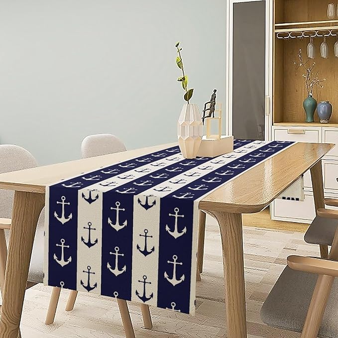 Nautical Anchor Table Runner, Ocean Beach Coastal Beach Stripe Background Theme Table Runner for Dining Kitchen Party Holidays Home 13x60in