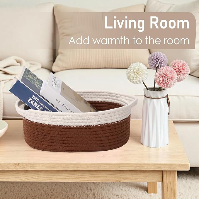 Woven Basket,Small Rope Storage Bin with Handles & Ribbon Bag, Organizer for Shelves Closets,Gift Basket Empty for Birthday,Books,Dog Toys, White&Brown/2 Pack