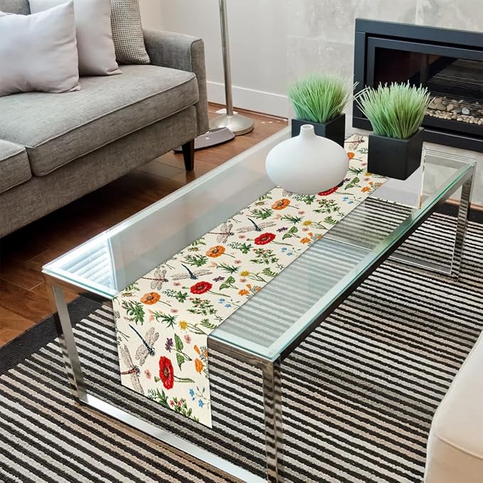 Flowers Dragonflies Table Runner Kitchen Dining Table Runner 13*120in Table Center Decor for Indoor Outdoor Home Holiday Party