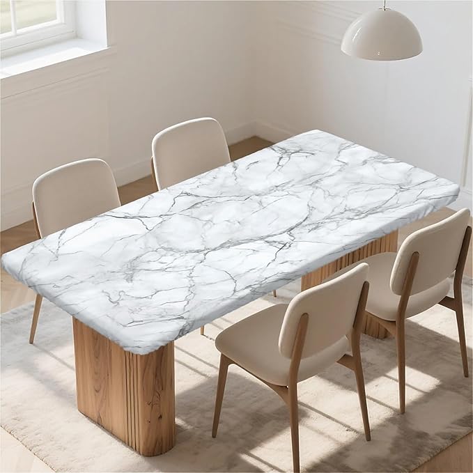 Rectangle Table Cloth Cover Waterproof Elastic Fitted Polyester Fitted Tablecloths for 6 Foot Tables for Indoor,Picnic, Camping, Outdoor （60" x 30"，Marble）