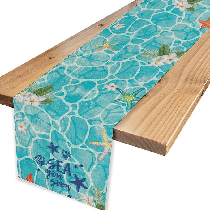 Summer Starfish Table Runner, Blue Sea Coastal Tropical Flower Beach Nautical Starfish Ocean Table Runner Seasonal Holiday Home Kitchen Dining Table for Home Party Decor 13"x108"