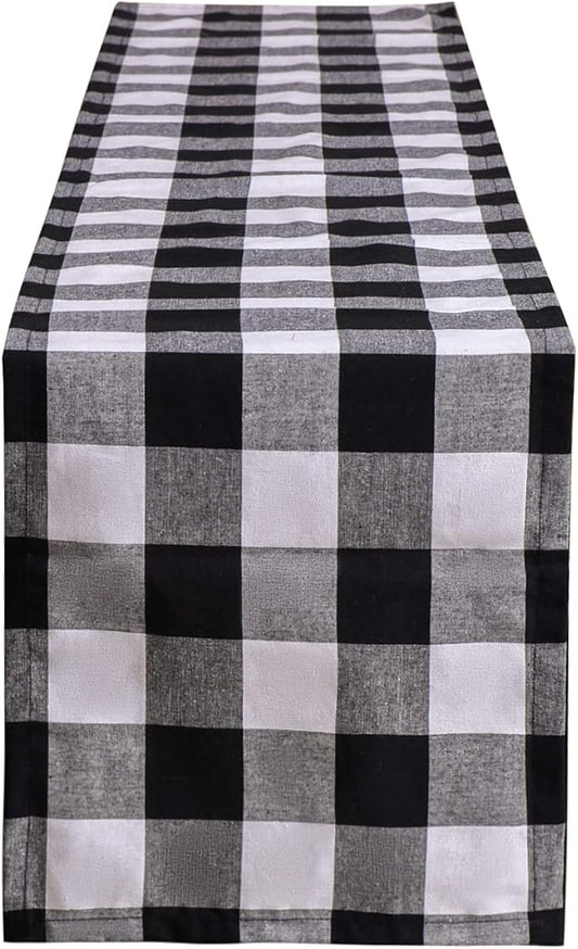 Tosewever Buffalo Check Plaid Table Runner, Cotton Polyester Blend Classic Family Dinner Table Runners for Indoor Outdoor Parties, Christmas Events Home Decoration (Black and White, 14 x 72 Inch)