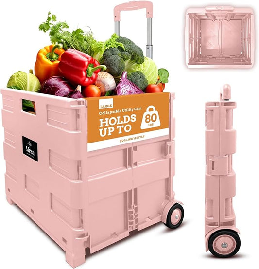 Inspired Living Ultra-Slim Rolling Collapsible Storage Pack-N-Roll Utility-carts, with Telescopic Handle, for Home, Garden, Shopping, Office, School use, Large, Raspberry Pink