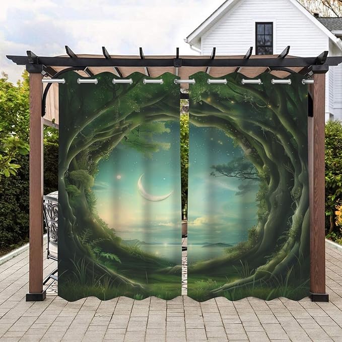 Forest Theme Waterproof Outdoor Curtains for Patio,Trees Moon Lake Pattern,Waterproof, Privacy, Grommet Curtains for Patio, Pergola, Porch, Deck, Lanai, Cabana,2 Panels,54 x 84 inch,Green