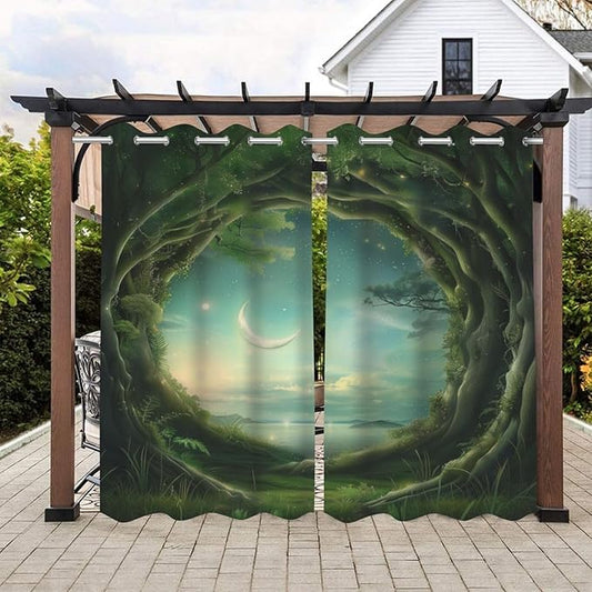 Forest Theme Waterproof Outdoor Curtains for Patio,Trees Moon Lake Pattern,Weatherproof Outside Curtain for Cabana, Porch, Pergola and Gazebo,2 Panels,36 x 84 inch,Green