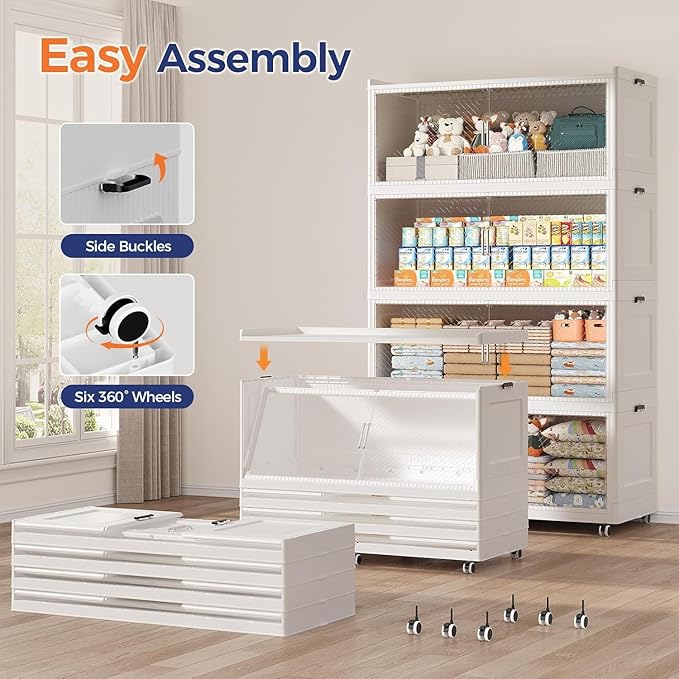 200GAL Extra Large Storage Bins with Lid, 800QT Collapsible Organizer with Wheels, Stackable Closet Cabinet with Doors, Folding Storage Containers for Home, Office, Kitchen, 4Pack White