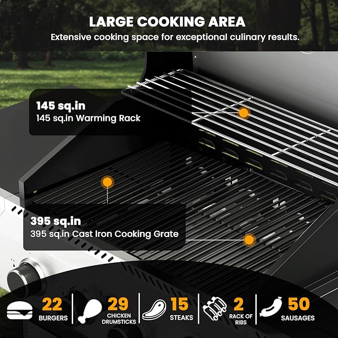 G41 Gas Grill,4-Burner Gas BBQ Grill with Side Burner, Porcelain-Enameled Grills, 42,000 BTU Stainless Steel Propane Grill for Outdoor Cooking and Patio Barbecues