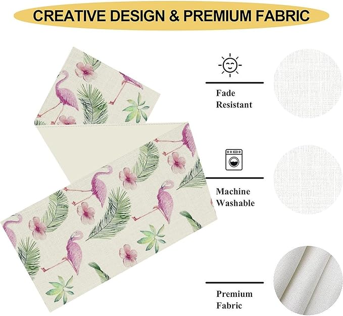Flamingo Table Runner,Spring Summer Tropical Floral Green Palm Leaves Hawaiian Luau Watercolor Table Center Decor for Family Kitchen Living Room Farmhouse Party Table Decorations, 13"x72"