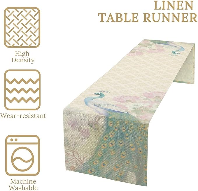 Peacock Table Runner,Rustic Traditional Chinese Style Watercolor Peacock Pink Flora Elegant Table Center Decor for Family Kitchen Table Decorations Indoor Outdoor, 13"x36"
