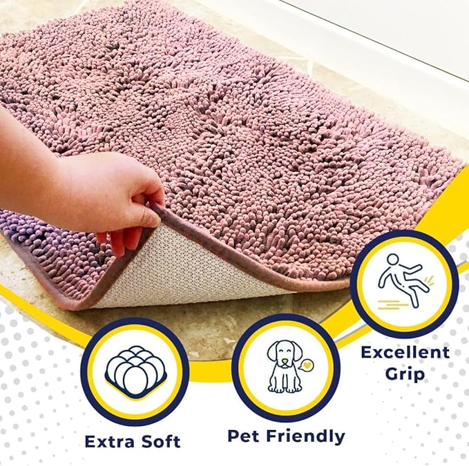 Muddy Mat® AS-SEEN-ON-TV Highly Absorbent Microfiber Door Mat and Pet Rug, Non Slip Thick Washable Area and Bath Mat Soft Chenille for Kitchen Bedroom Indoor and Outdoor - Light Pink 24" x 120"