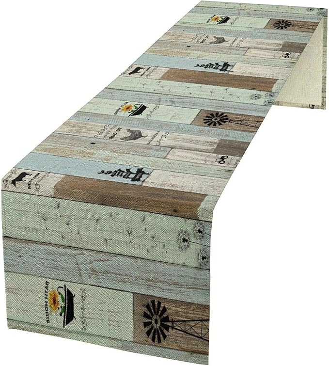 Rustic Farmhouse Table Runner, Vintage Country Blue Green Wooden Board Cow Chicken Pig Windmill Print Table Runner for Kitchen Dining Room Wedding Party Decor, 13x60inch