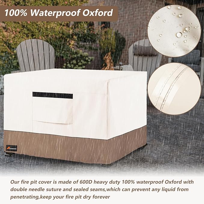 Fire Pit Cover Square, Outdoor Heavy Duty Durable 600D Tear-Resistant 100% Waterproof 30-32 Inch Fire Pit Cover, Patio Weatherproof Square Fire Table Protector, Beige 32" L x 32" W x 24" H