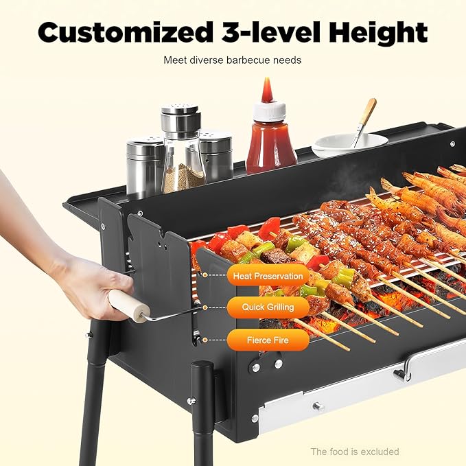 Foldable Charcoal Grills, Hibachi BBQ Portable charcoal grill, Height Adjustable Barbecue Grill for Camping Garden Backyard Party Picnic Travel Outdoor Cooking Hiking Beach