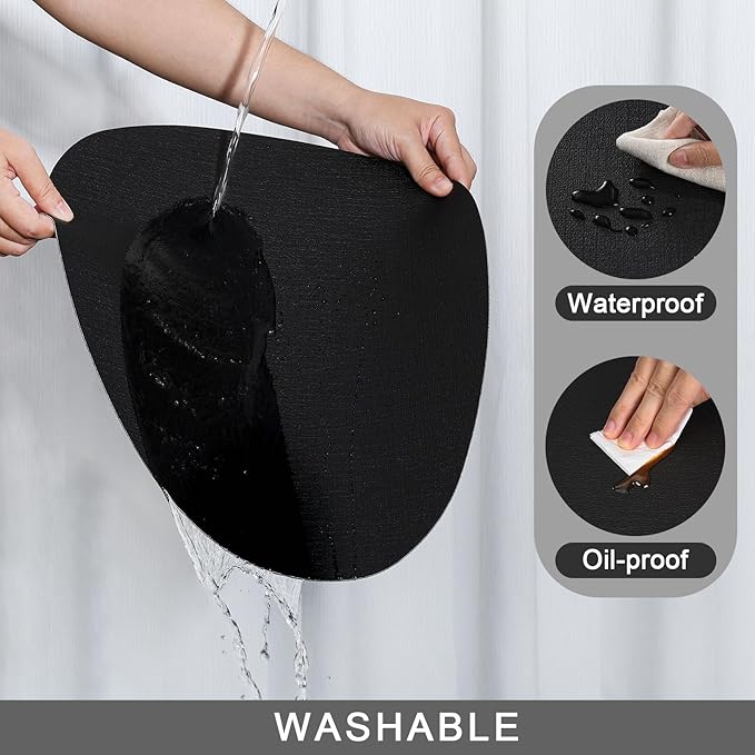 Placemats and Coasters, Washable Reversible Placemats Round Faux Leather Wipeable Place Mats Non Slip Heat Resistant Indoor Outdoor Table Mats (Set of 4, Black)