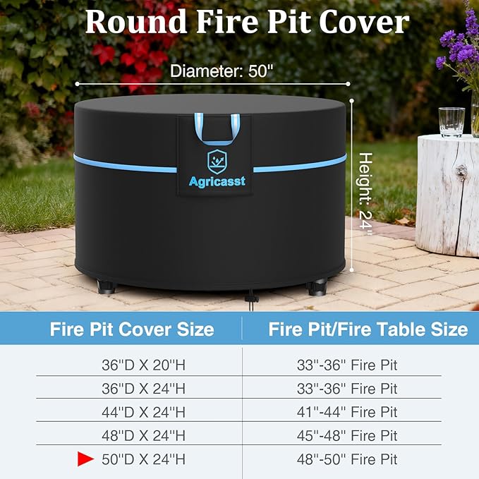 Round Fire Pit Cover for 48''- 50'' Fire Pit, 600D Heavy Duty Outdoor Firepit Cover Waterproof Patio Fire Table Cover with Air Vent, Handle, 4 Windproof Buckles, Drawstring - 50"Dia x 24"H