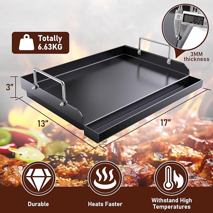 Cast Iron Griddle for Gas Grill, Nanoceramic Nonstick Flat Top Griddle Insert for Outdoor Gas Grill, 17" x 13" Flat Top Plate for Weber, Nexgrill, Charbroil Grills, Plancha Para Cocinar