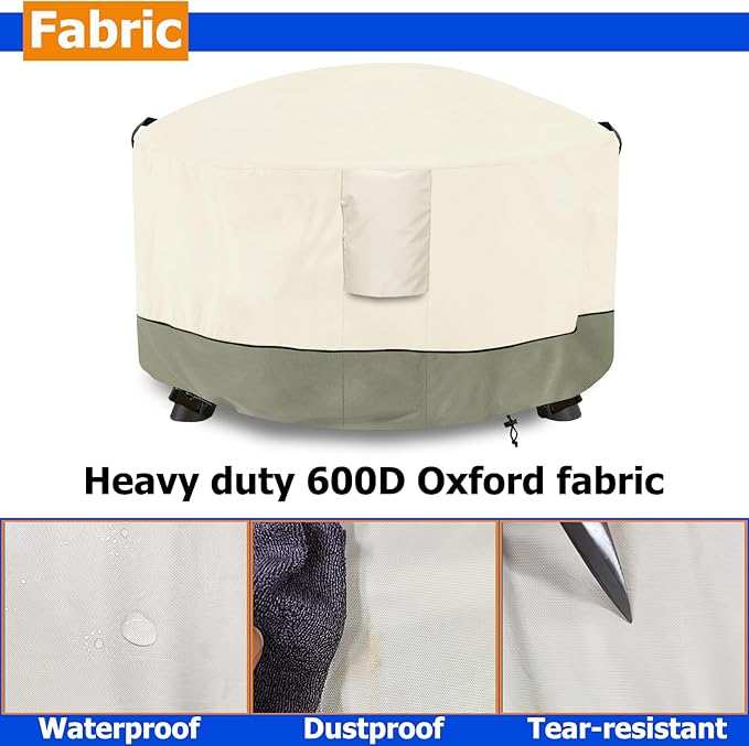 Fire Pit Cover,Outdoor Heavy Duty 600D 100% Waterproof Fire Pit Cover Round,Weatherproof Firepit Covers Round 36" Dia x 24" H,Beige