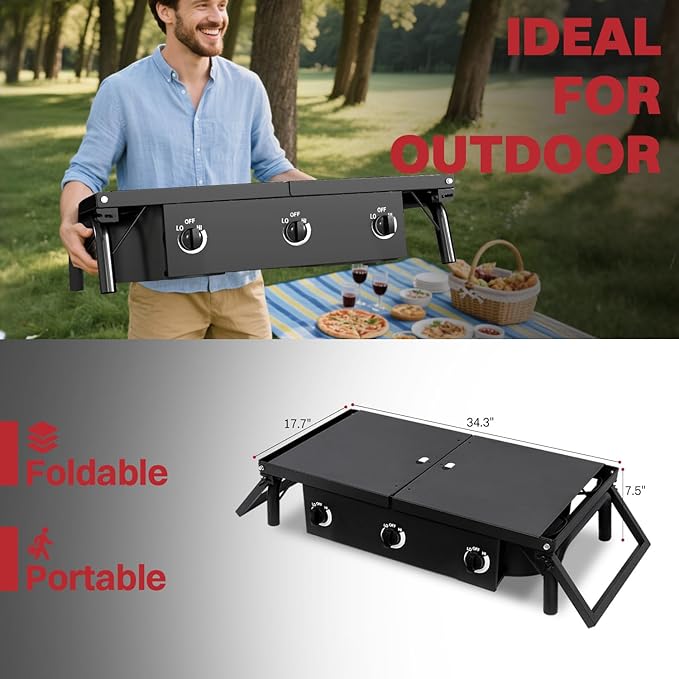3 Burner Propane Camp Stove | 225,000 BTU Gas Burners | Side Shelves | Windscreen | Waterproof Cover | Detachable Legs | Ideal for Camping Backyard Outdoor Cooking