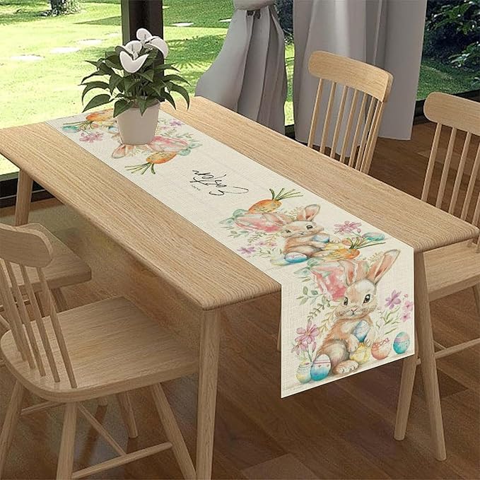 Easter Bunny Table Runner,Rustic Watercolor Bunnies Easter Eggs Carrots Floral Seasonal Table Center Decor for Family Kitchen Living Room Outdoor Farmhouse Party Table Decorations, 13"x108"