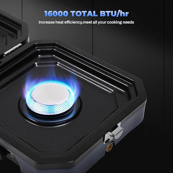 Propane Double Burner Two Burner Camp Stove, 16000 BTU Portable Folding Gas Stove for Camping, With grill, grill pan and carry bag, For camping, home backyard, canning, frying turkey (Blue)