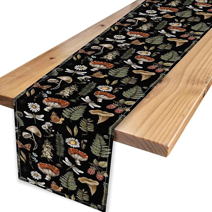 Mushroom Table Runner, Rustic Farmhouse Forest Plants Botanical Country Black Coffee Table Center Decor for Home Kitchen Dining Patio Holiday Party Indoor Outdoor Table Decorations, 13"x108" Inch