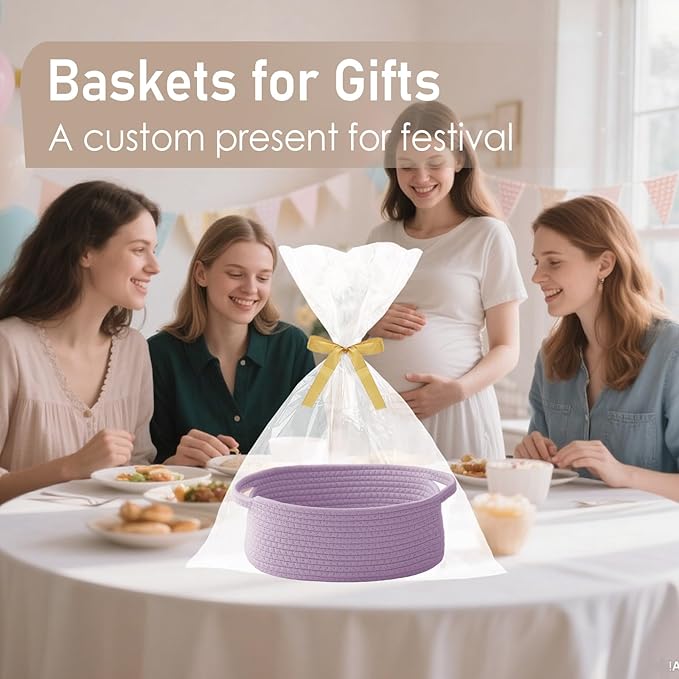Woven Basket,Small Rope Storage Bin with Handles & Ribbon Bag, Organizer for Shelves Closets,Gift Basket Empty for Birthday,Books,Dog Toys, Purple/2 Pack