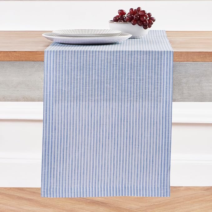Solino Home Linen Striped Table Runner 144 Inches Long - Narrow Stripe 100% Pure Linen Cornflower Blue and White Dining Table Runner 14 x 144 Inch for Winter, Spring, Easter