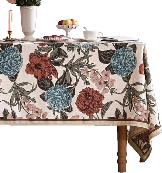French Linen Tablecloth for Rectangle Table,Red and Blue Floral Durable Extra Long Tablecloths,Home Decor Table Cover for Kitchen,Dining,Thanksgiving,Farmhouse,67" × 118"-Burgundyred