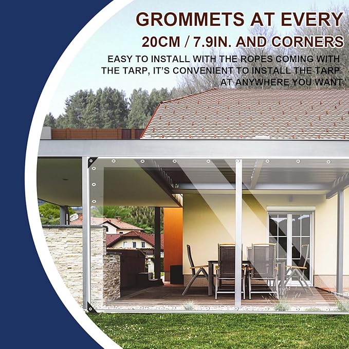 15oz Outdoor Clear Curtain, PVC Vinly Outdoor Clear Panel Curtain, Weather Resistant Outdoor Curtain for Pergola, Porch, Gazebos, with Rustproof Grommets-10'H x 10'W(120''W x 120''L,H=L)
