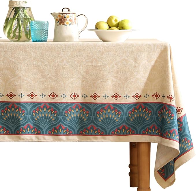 Vintage Beige Linen Rectangle Tablecloth,Paisley Farmhouse Feather Floral Pattern Table Cloth,Decor Table Cover for Kitchen,Dining,Thanksgiving,Christmas,55"*79"-Dorodango F