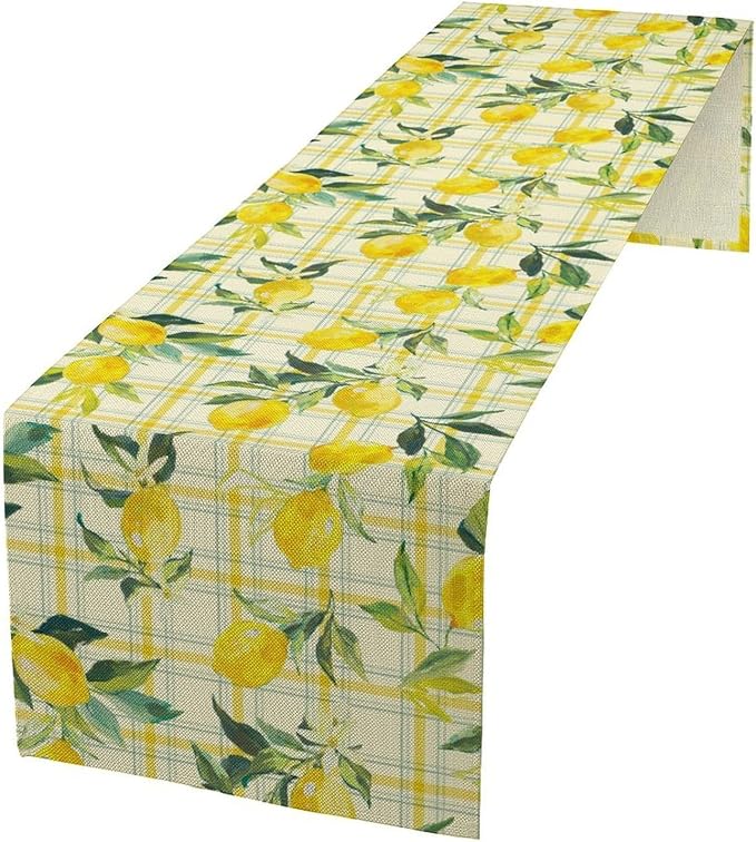 Yellow Plaid Lemon Table Runner Nature Watercolor Plant Countryside Farm Fruit Aesthetic Dining Table Decoration for Home Holiday Party Dresser Kitchen Cabin Restaurant Wedding Decor 13×90in