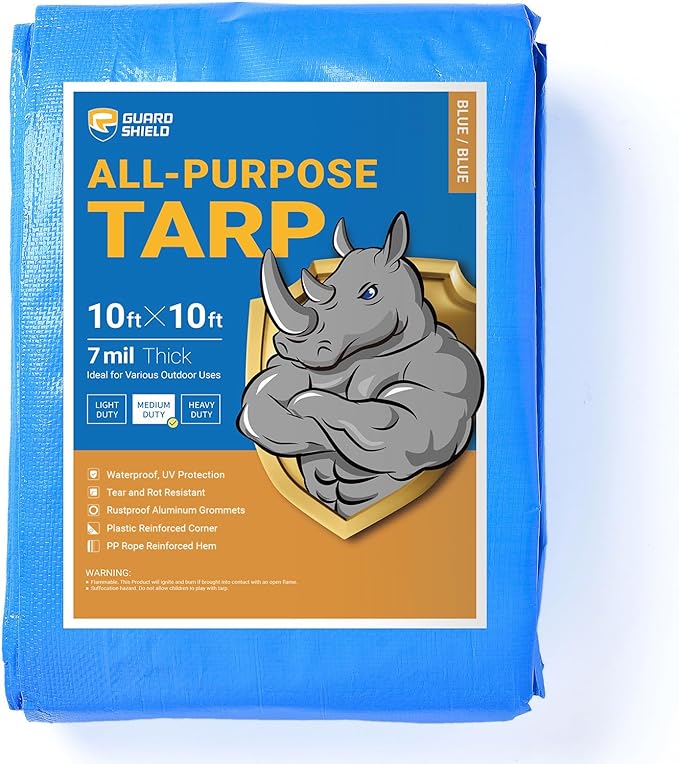 GUARD SHIELD Blue Tarp Waterproof 10x10 Feet Medium Duty All Purpose Poly Tarps Cover 7mil