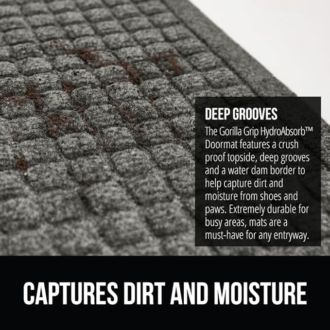 GORILLA GRIP Front Door Mat, 47x35, Indoor Outdoor Ultra Absorbent HydroAbsorb Doormat, Absorbs Up to 6 Cups of Water, Stain and Fade Resistant, Rubber Backing Doormats, Captures Dirt, Gray