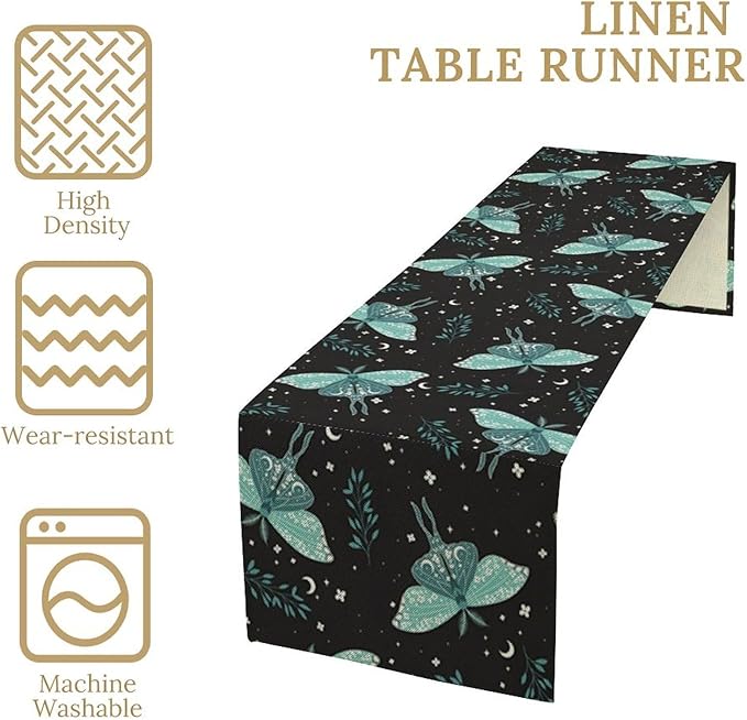 Butterfly Moth Table Runner, Boho Moon Green Leaves Plant Print Table Runner for Farmhouse Kitchen Dining Table Holiday Party Home Decor 13x90in