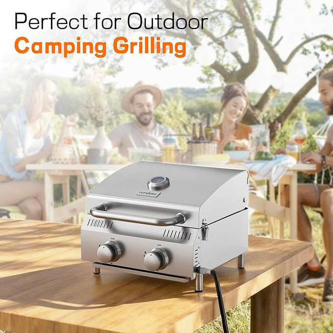 Veralune 2 Burner Tabletop Gas Grill, 20,000 BTUs Stainless Steel Portable Propane Grill with Legs, Built-in Thermometer, Travel Locks for Tailgating, Outdoor, Camping, RV Trips