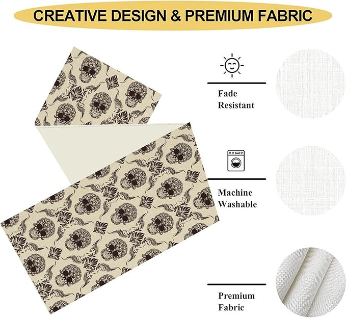 Gothic Table Runner, Retro Antique Damask Skull Pattern Classic Halloween Boho Black Coffee Vintage Table Center Decor for Kitchen and Dining Outdoor Home Country Party Table Decorations, 13"x72"