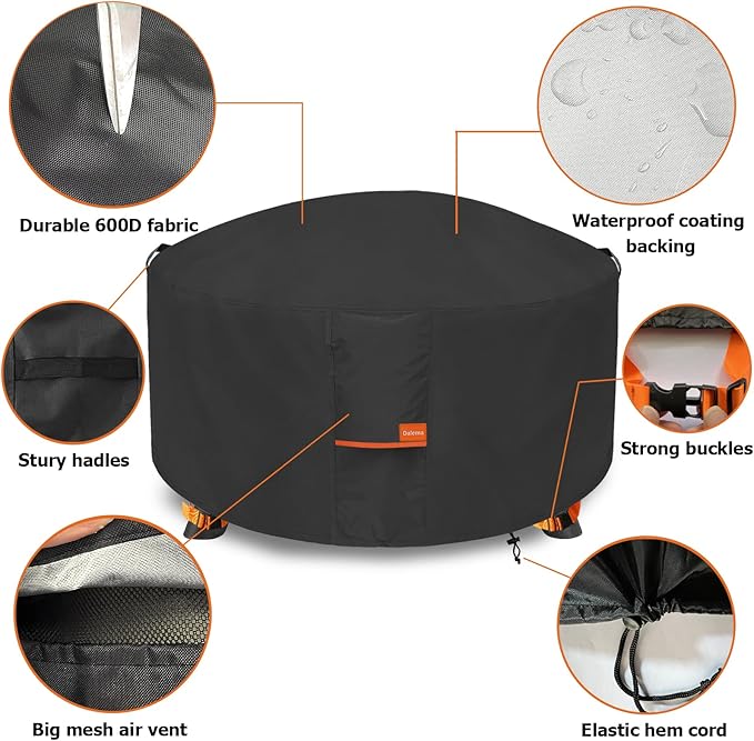 Fire Pit Cover,Outdoor Heavy Duty 600D 100% Waterproof Fire Pit Cover Round,Weatherproof Firepit Covers Round 44" Dia x 24" H,Black